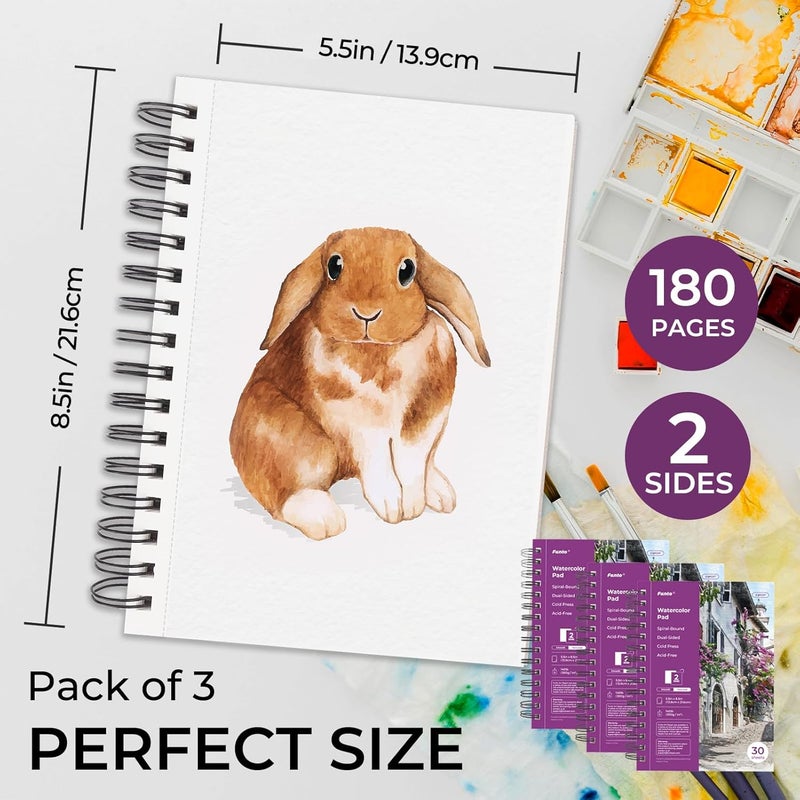 Funto Watercolor Pad 5.5x8.5, 3 Pack, 90 Sheets,140lb/300gsm, Double-Sided, Cold Press, Spiral Bound, Heavyweight Paper for Watercolor Painting - Image 2